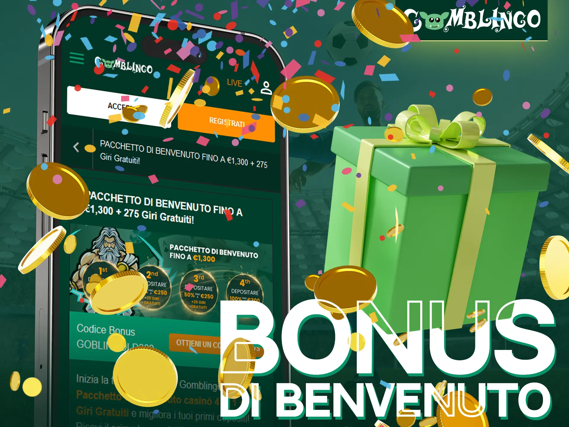 Scegliete il bonus di benvenuto per lo sport o per il casinò quando vi registrate tramite la versione mobile di Gomblingo.