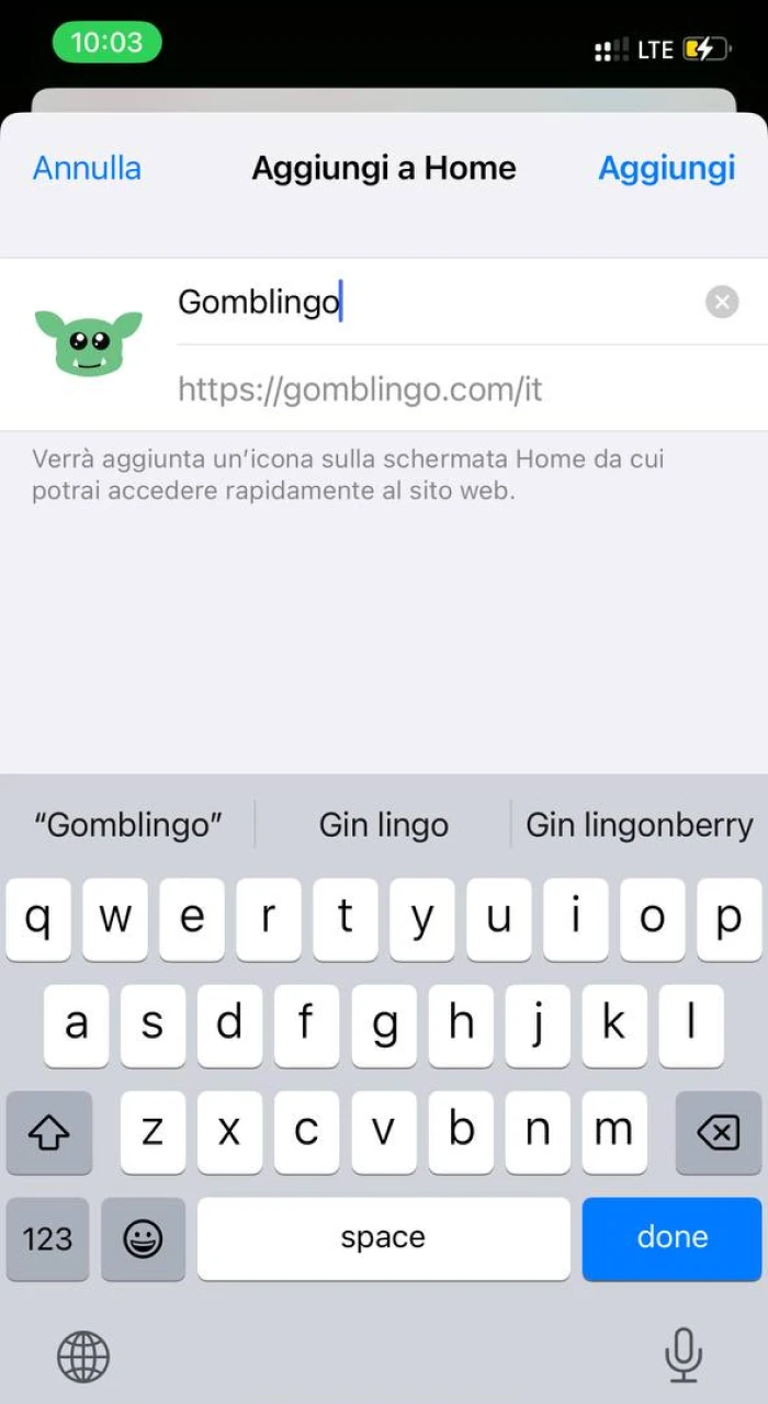 Rinomina il collegamento o lascia il nome Gomblingo.