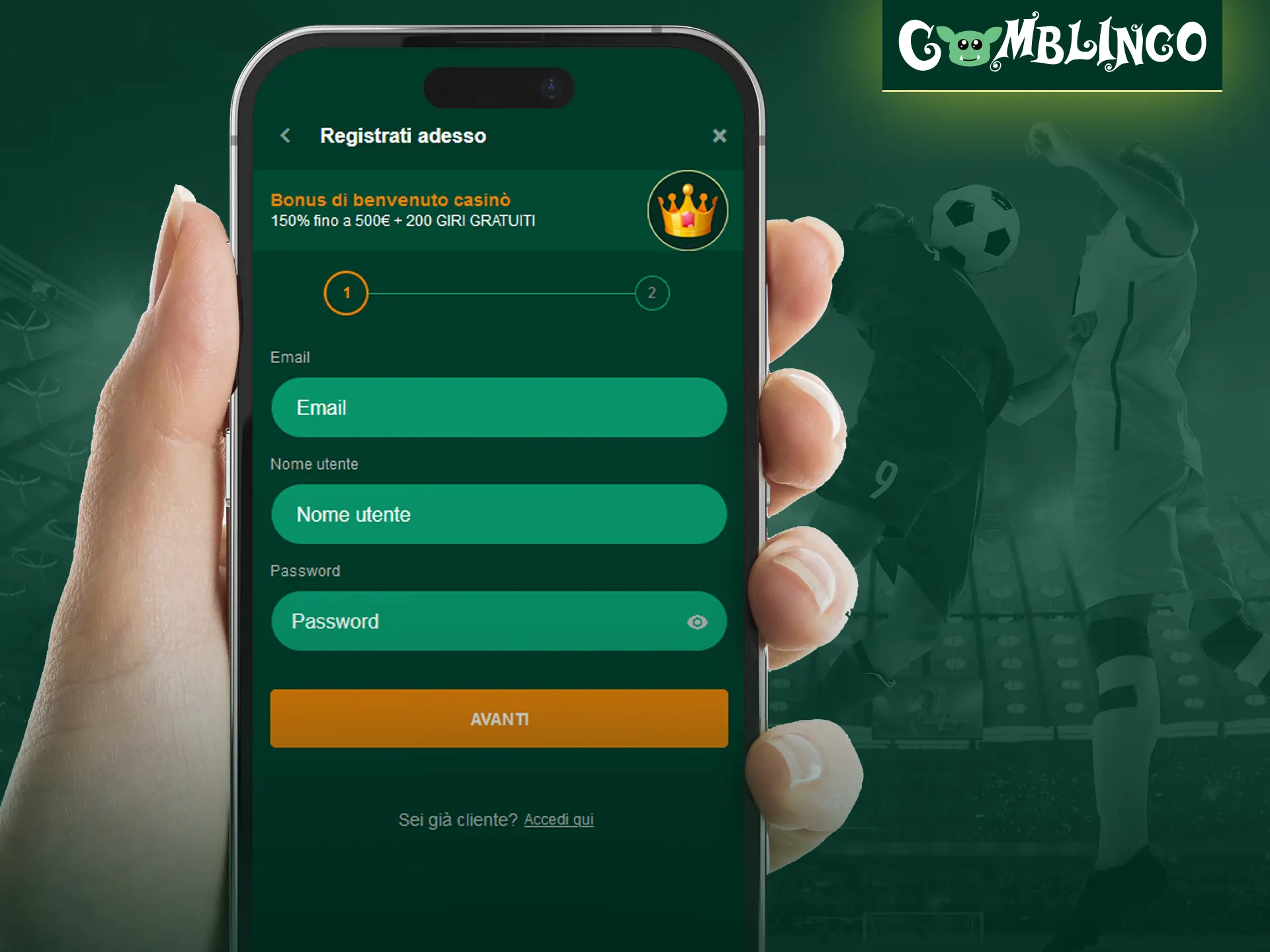 Utilizzate 5 semplici passaggi per registrarvi su Gomblingo tramite l'app mobile.