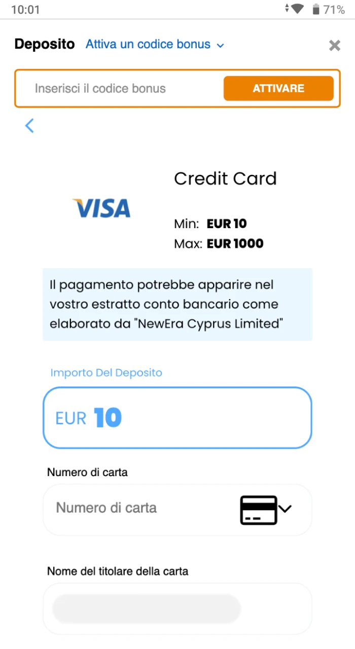 Effettuare un deposito minimo sul conto Gomblingo.