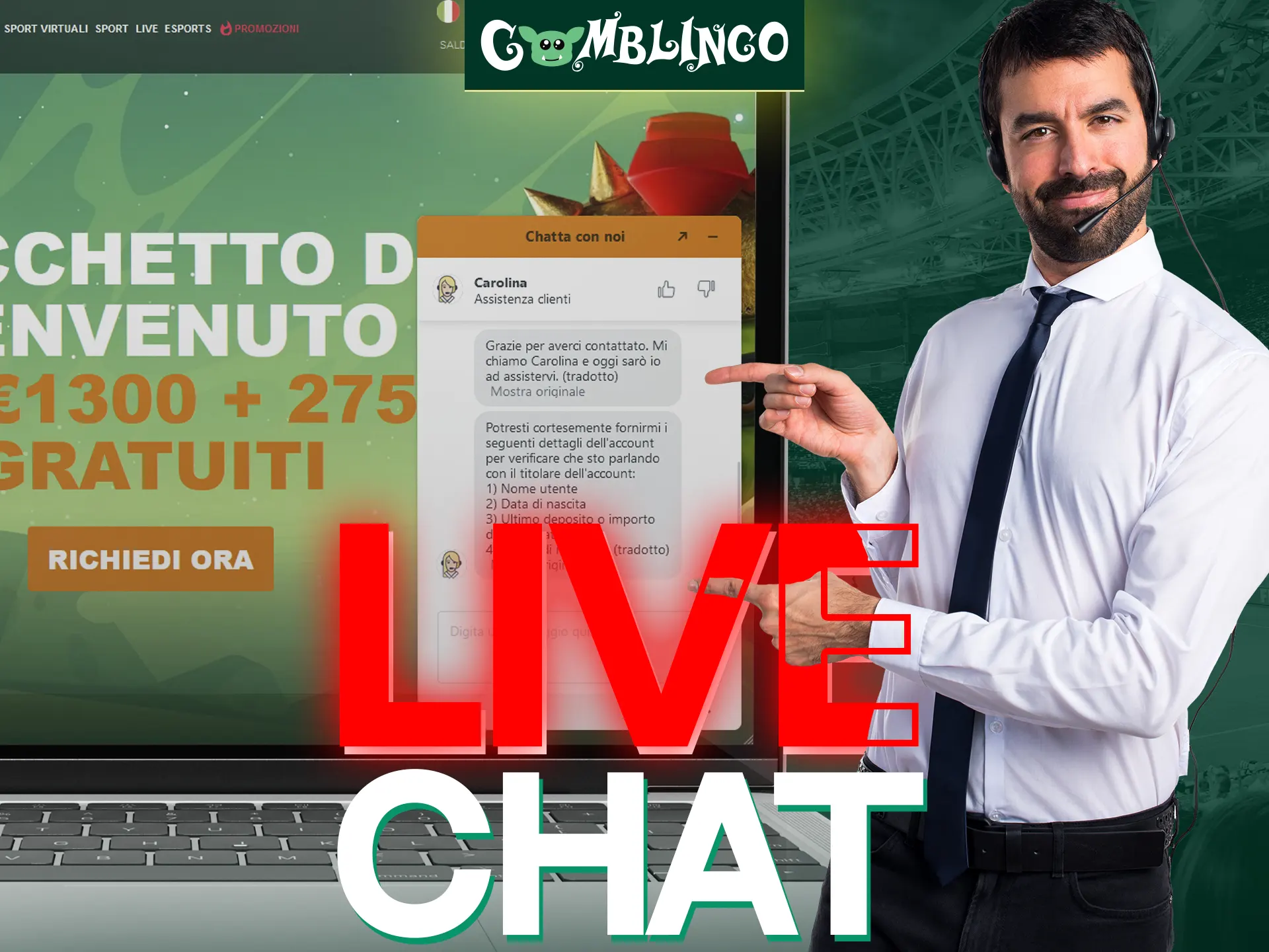 Gomblingo ha una chat dal vivo per aiutarti in qualsiasi momento della giornata.