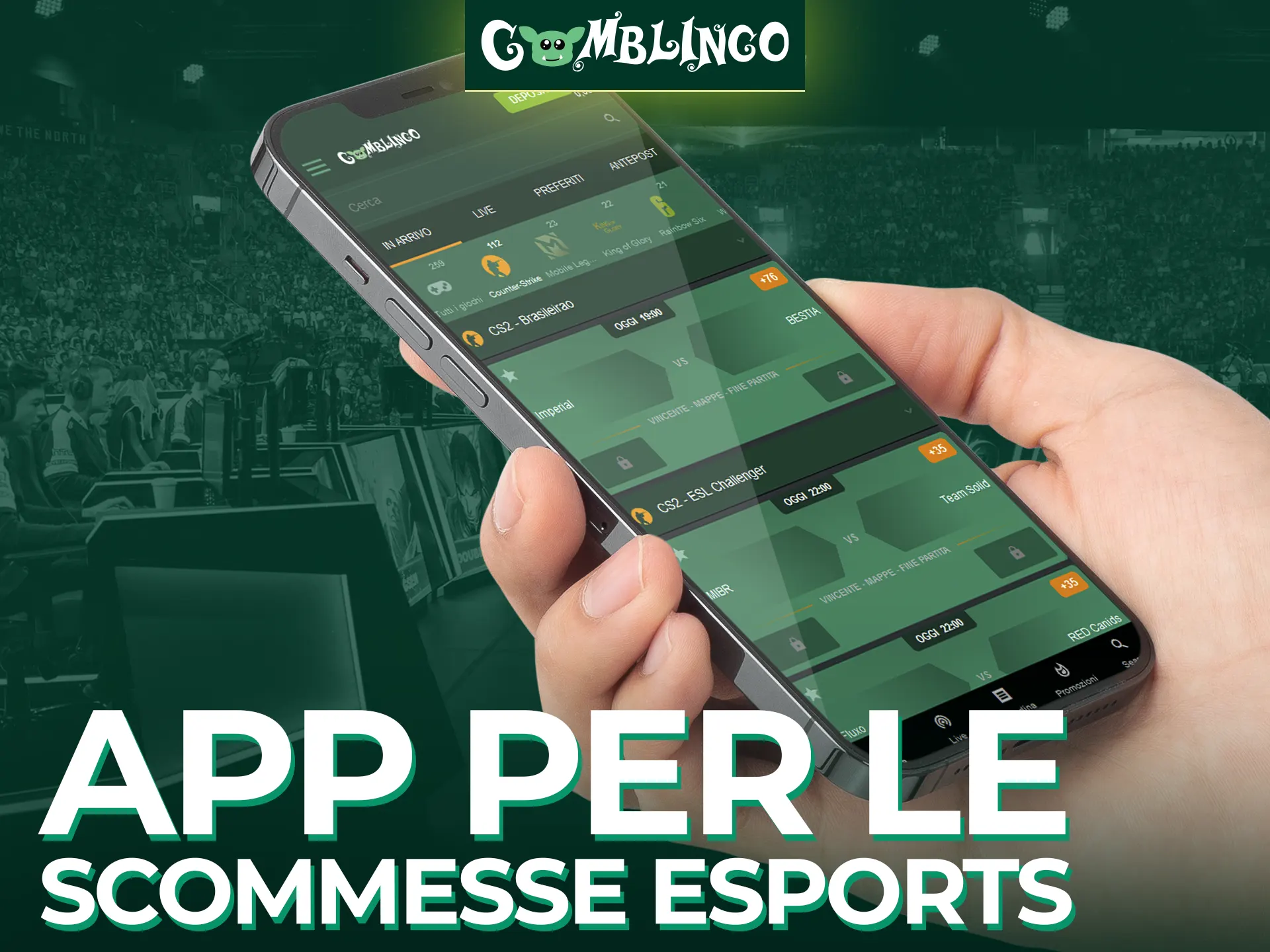 Piazza scommesse sugli eSport utilizzando l'app mobile Gomblingo.