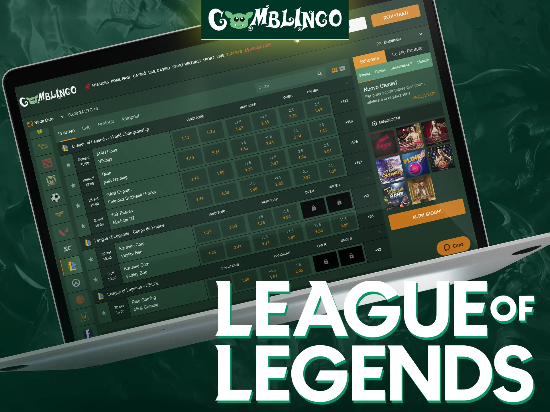 Piazza scommesse sui principali tornei di League of Legends sulla piattaforma Gomblingo.