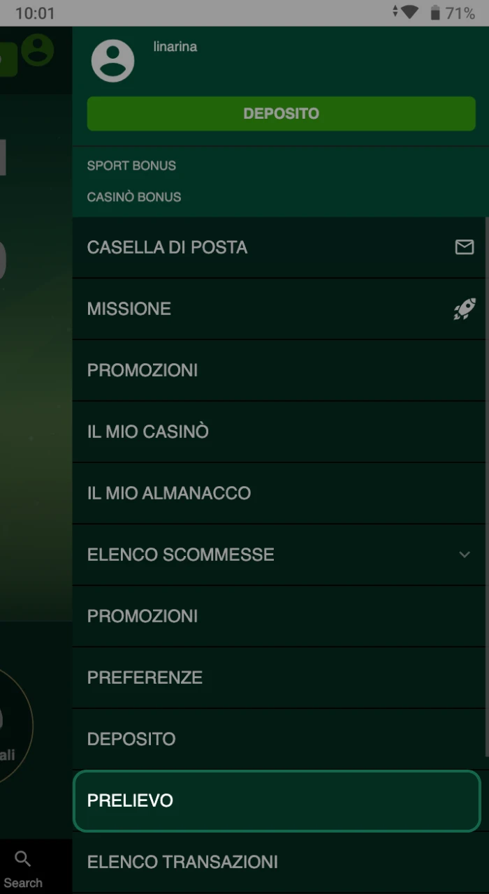 Selezionare Prelievo dall'elenco delle opzioni sul sito web di Gomblingo.