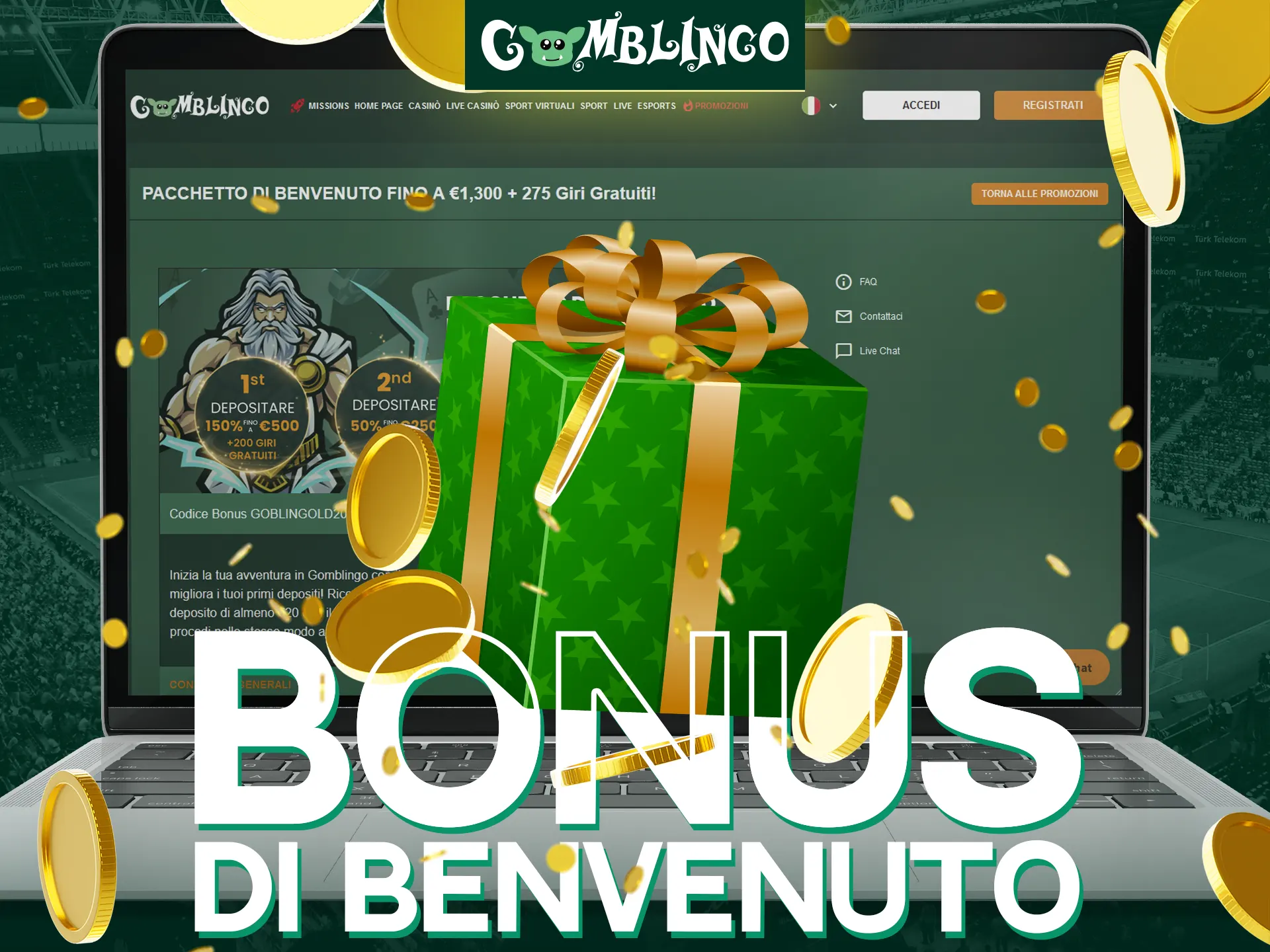 Ricevi un bonus di benvenuto Gomblingo del 100% fino a 100 € per il tuo primo deposito.