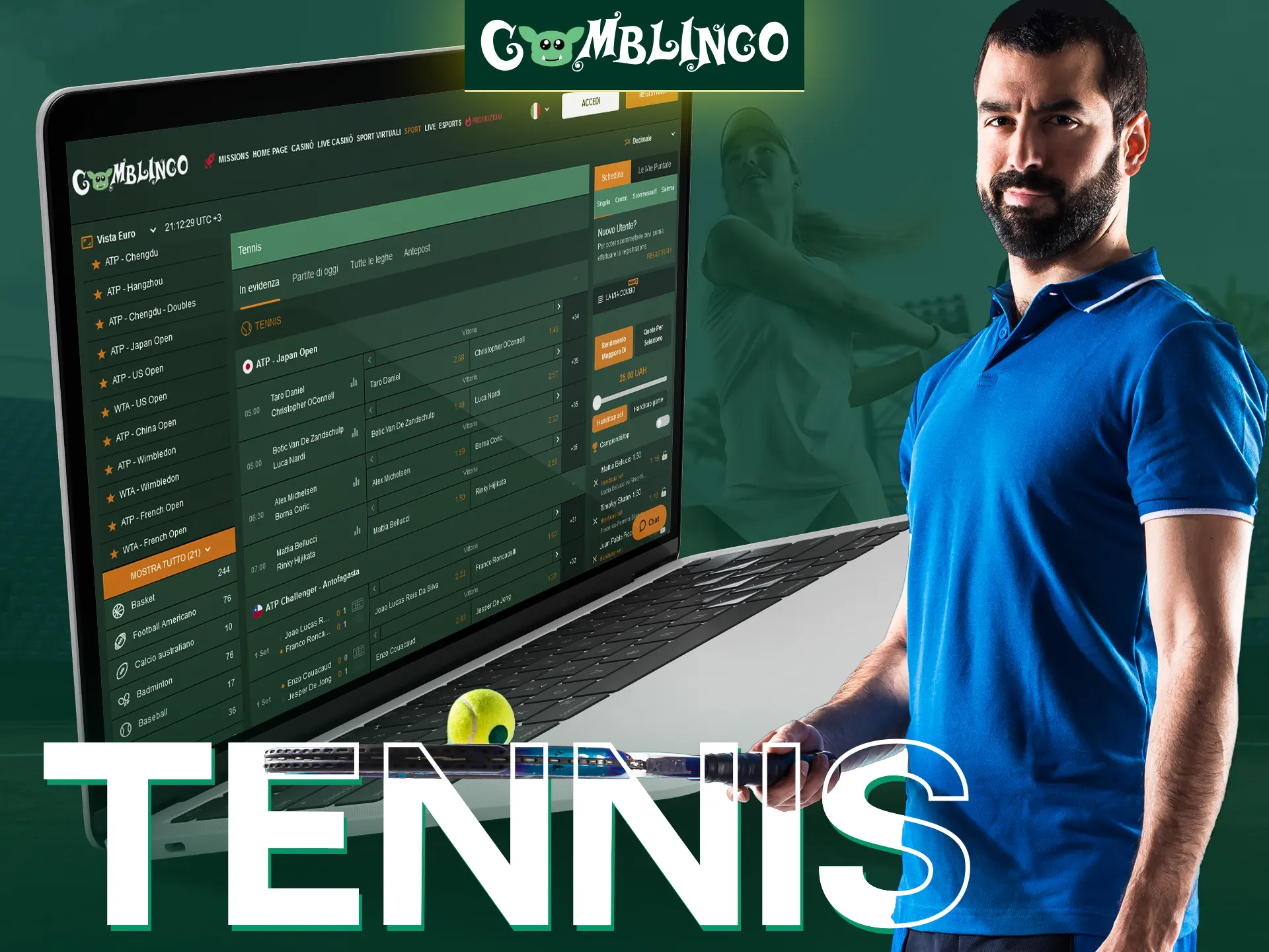 Scommetti sulle partite di tennis con la piattaforma di scommesse Gomblingo in Italia.