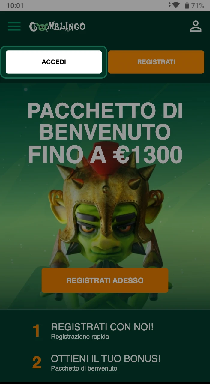 Sulla homepage di Gomblingo, fare clic sul pulsante Registrati.